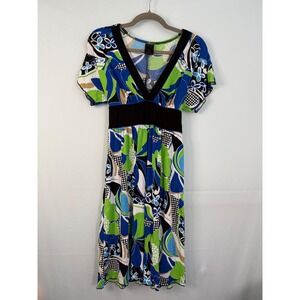 Wrapper Floral Empire Waist Midi Dress Womens Small Blue Green Psychedelic Retro